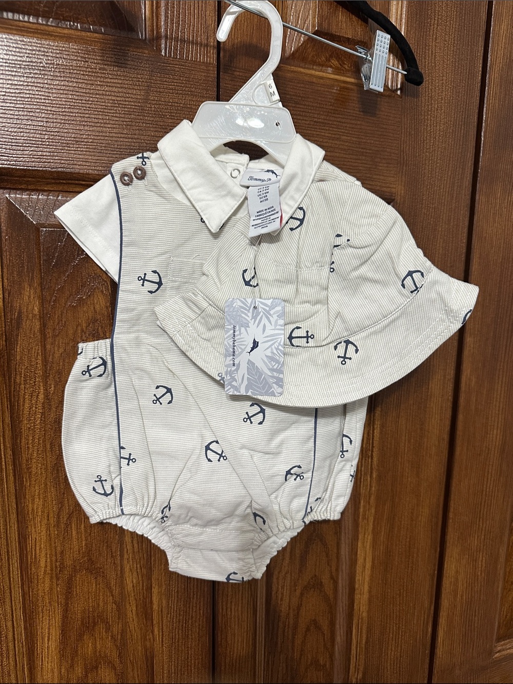 Tommy Bahama Cream Romper and Bucket Hat with Navy Anchor Print